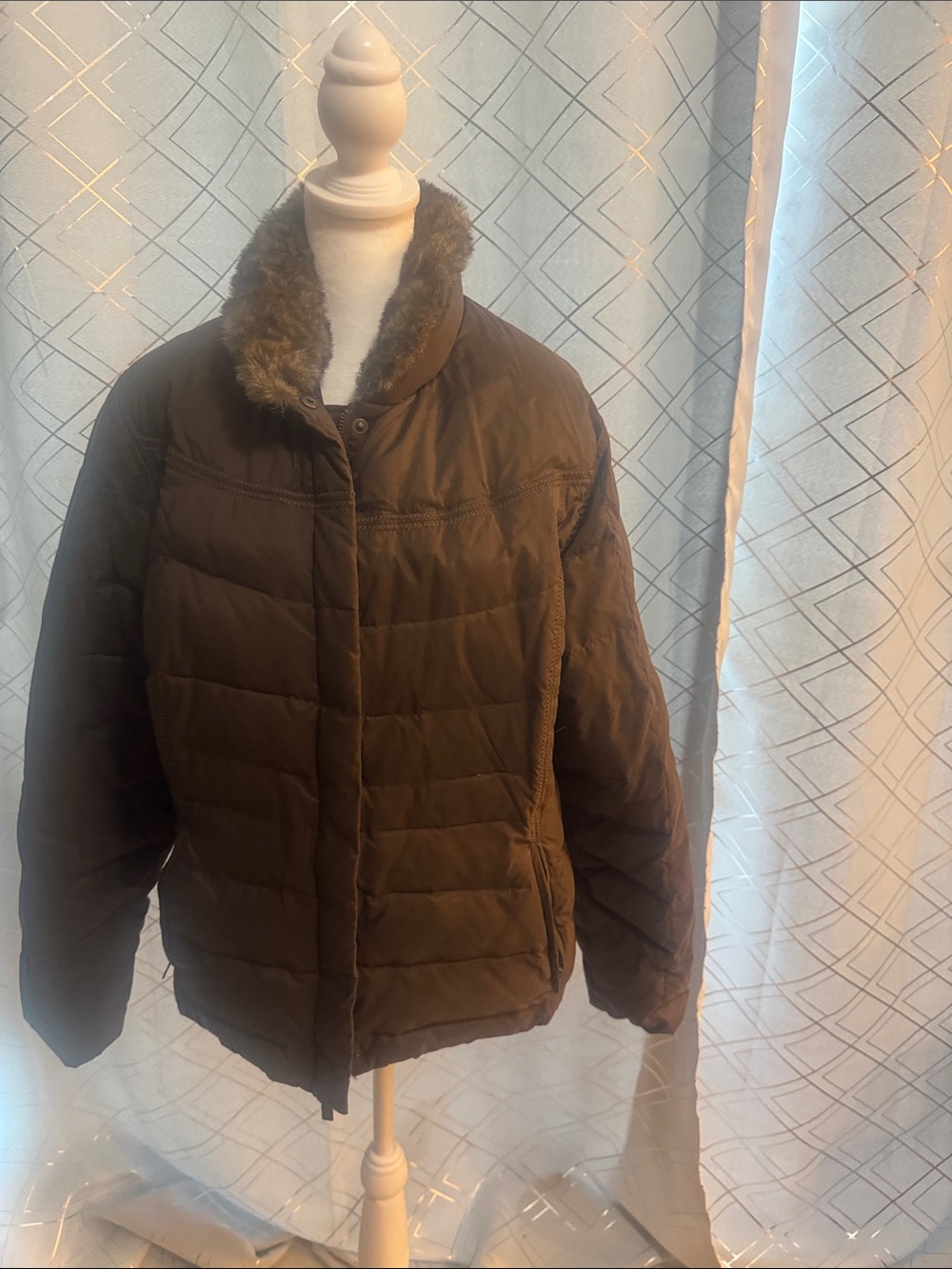 Eddie Bauer Brown Quilted Puffer Jacket with Faux Fur Collar